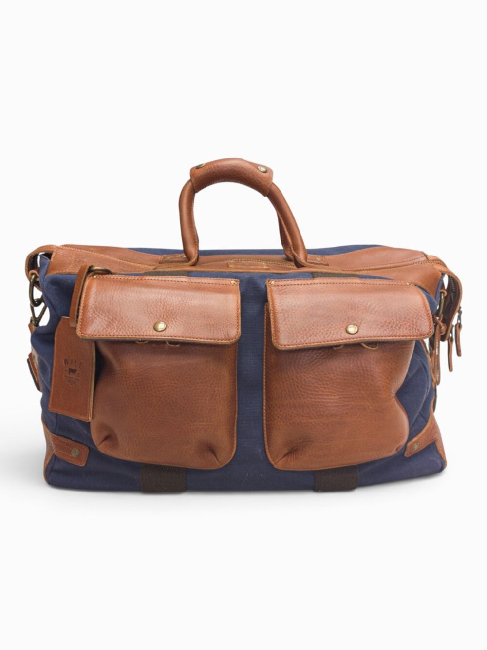 Will Leather Goods Canvas + Leather Travel Duffle, Navy/Tan, 20x13x10"